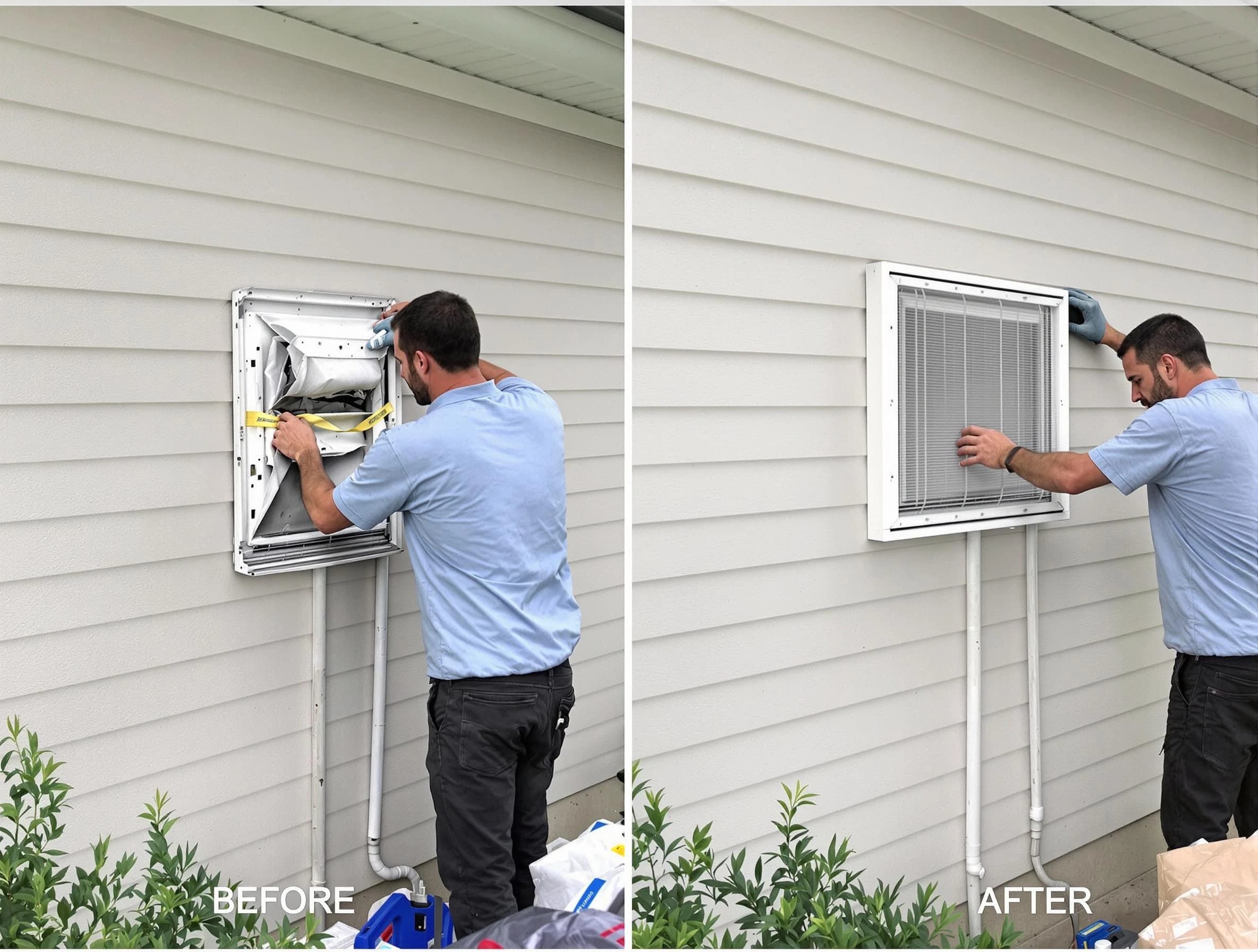 Kearns Dryer Vent Cleaning technician installing high-quality dryer vent cover at a residential property in Kearns