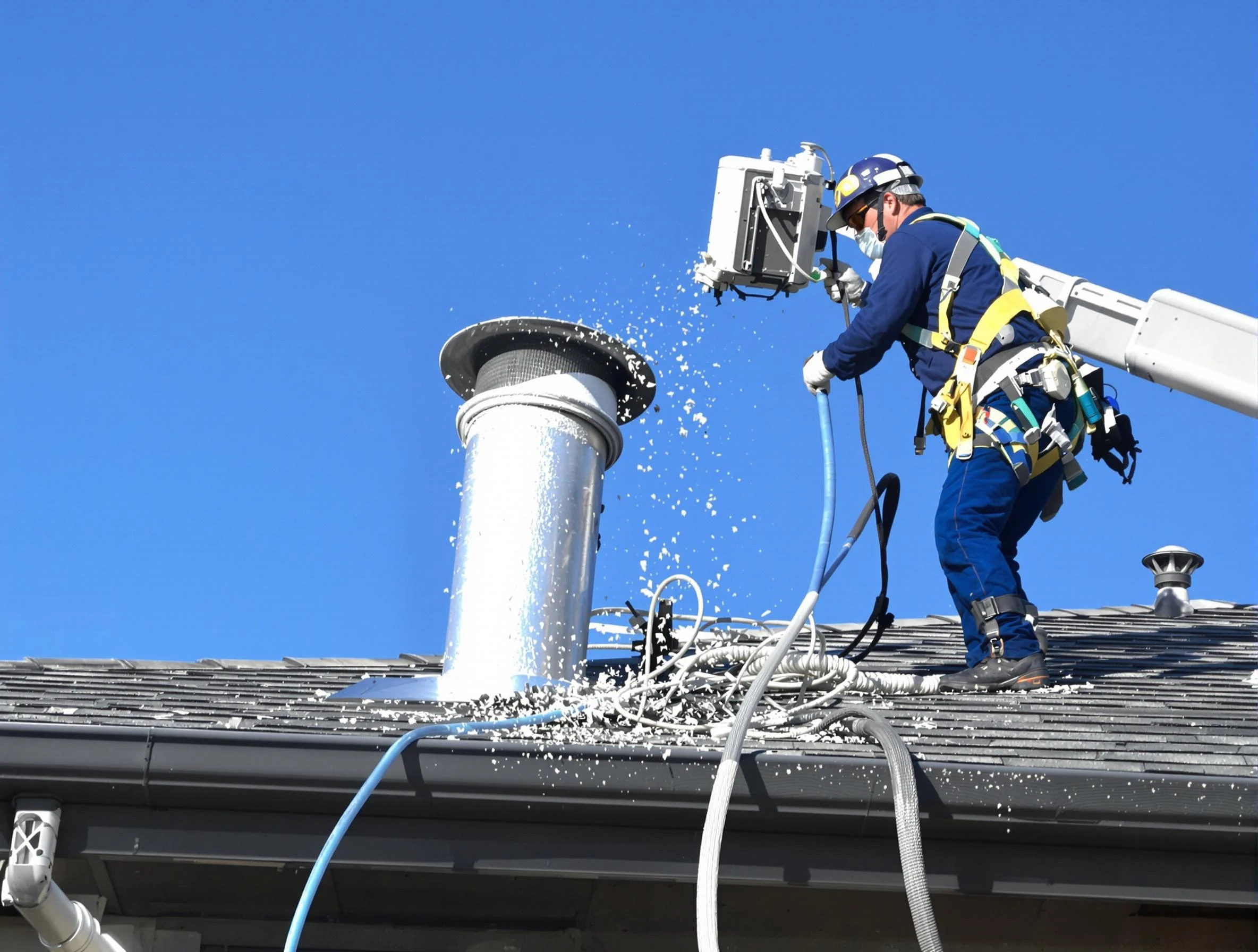 Kearns Dryer Vent Cleaning certified technician safely cleaning a roof-mounted dryer vent in Kearns